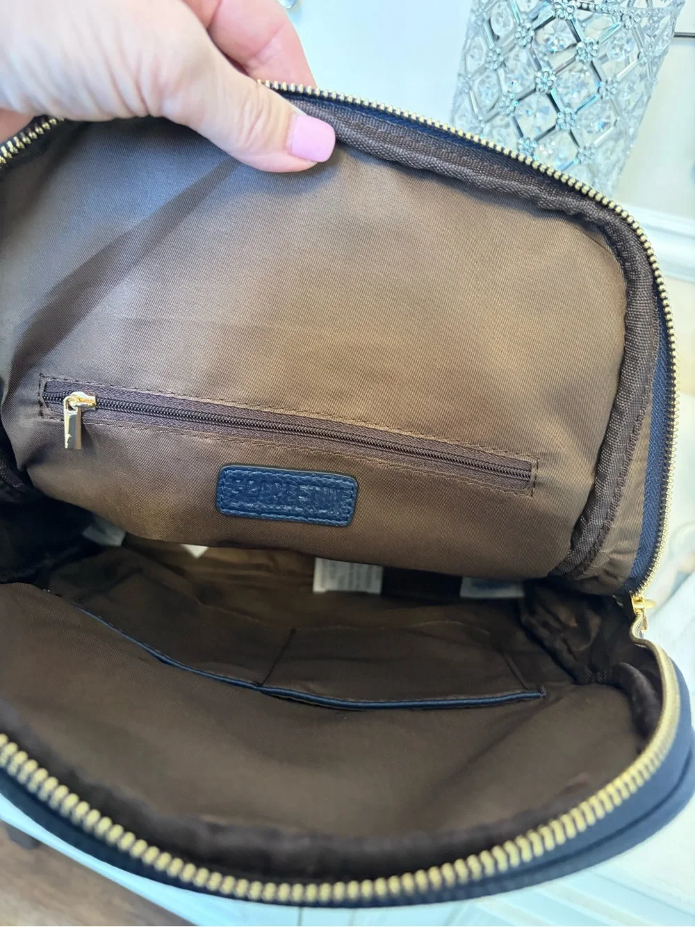 Classic Navy Leather Backpack with Gold Hardware